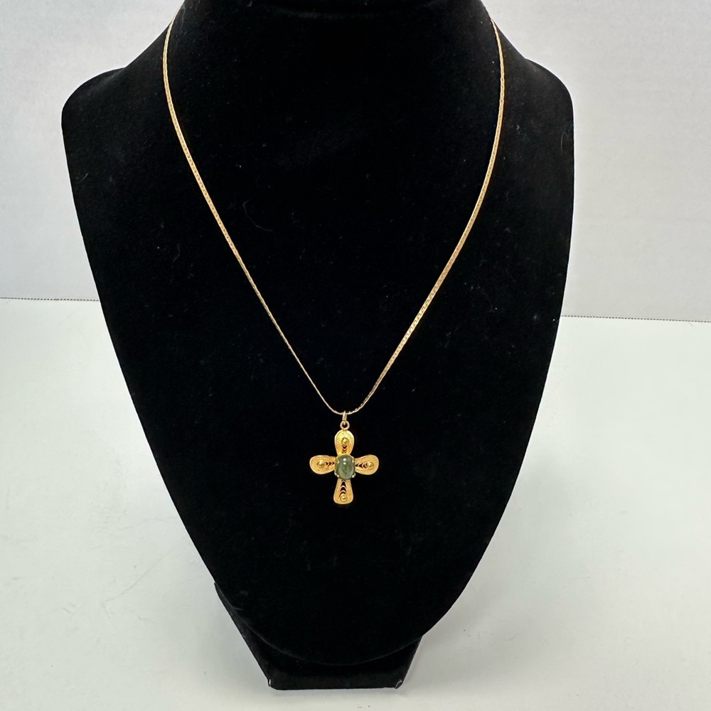 Gold Cross Pendant Necklace with Green Center Accent